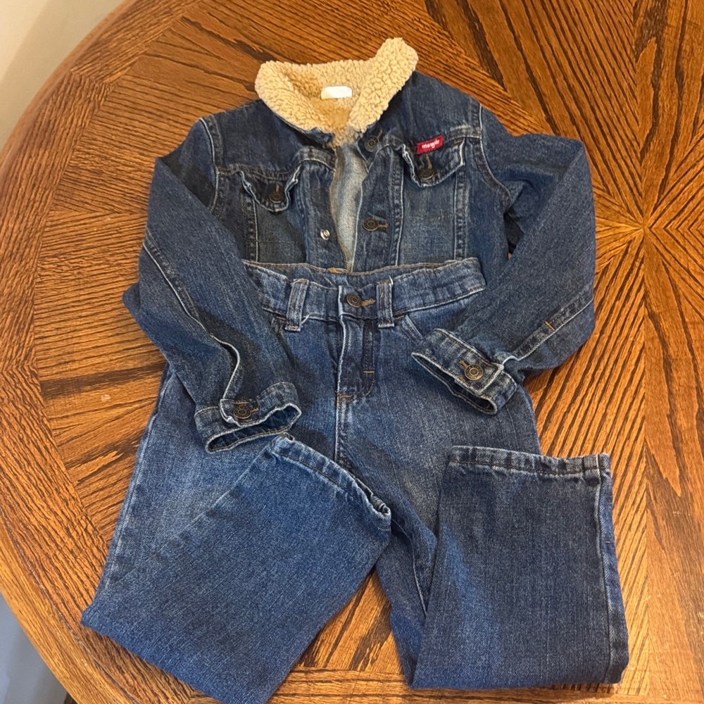 Little Boys Wrangler Blue Denim Jacket with Cream Sherpa Collar and jeans bundle